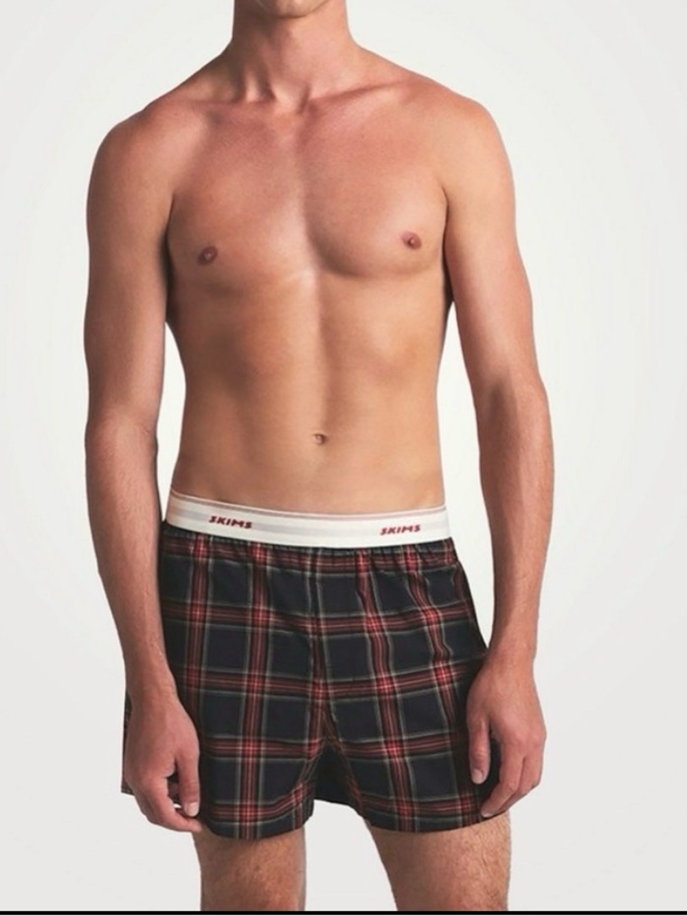SKIMS MEN”S COTTON POPLIN LOGO BAND BOXER ASH RED PLAID L